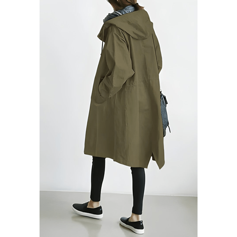 NOUVEAU RICHE Damen Regenjacke Trenchcoat Mit Kapuze Lang Eleganz Schutz Armeegrün