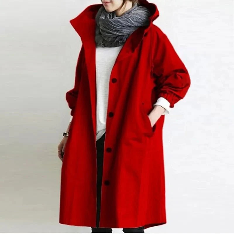 NOUVEAU RICHE Damen Regenjacke Trenchcoat Mit Kapuze Lang Eleganz Schutz Rot