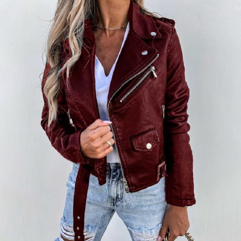 NOUVEAU RICHE Bikerjacke Damen Reverskragen Moderne Linien Stilvoll Wein Rot