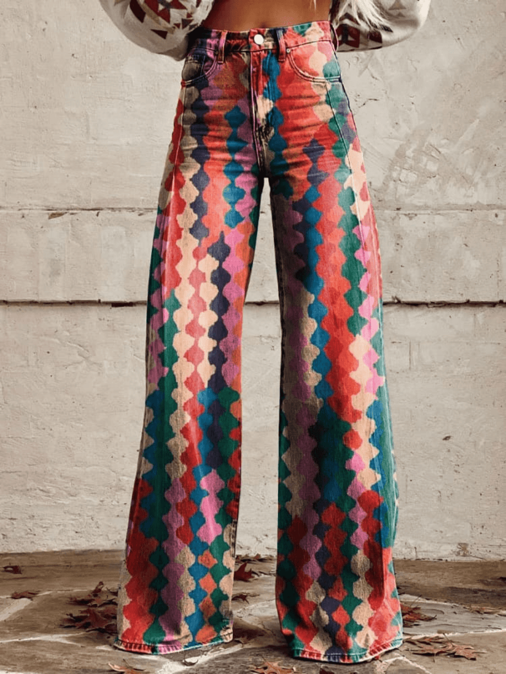 NOUVEAU RICHE Retro Chic Damenhose Mit Weitem Bein Geometrisches Muster In Kräftigen Farben Für Lässige Eleganz Rot