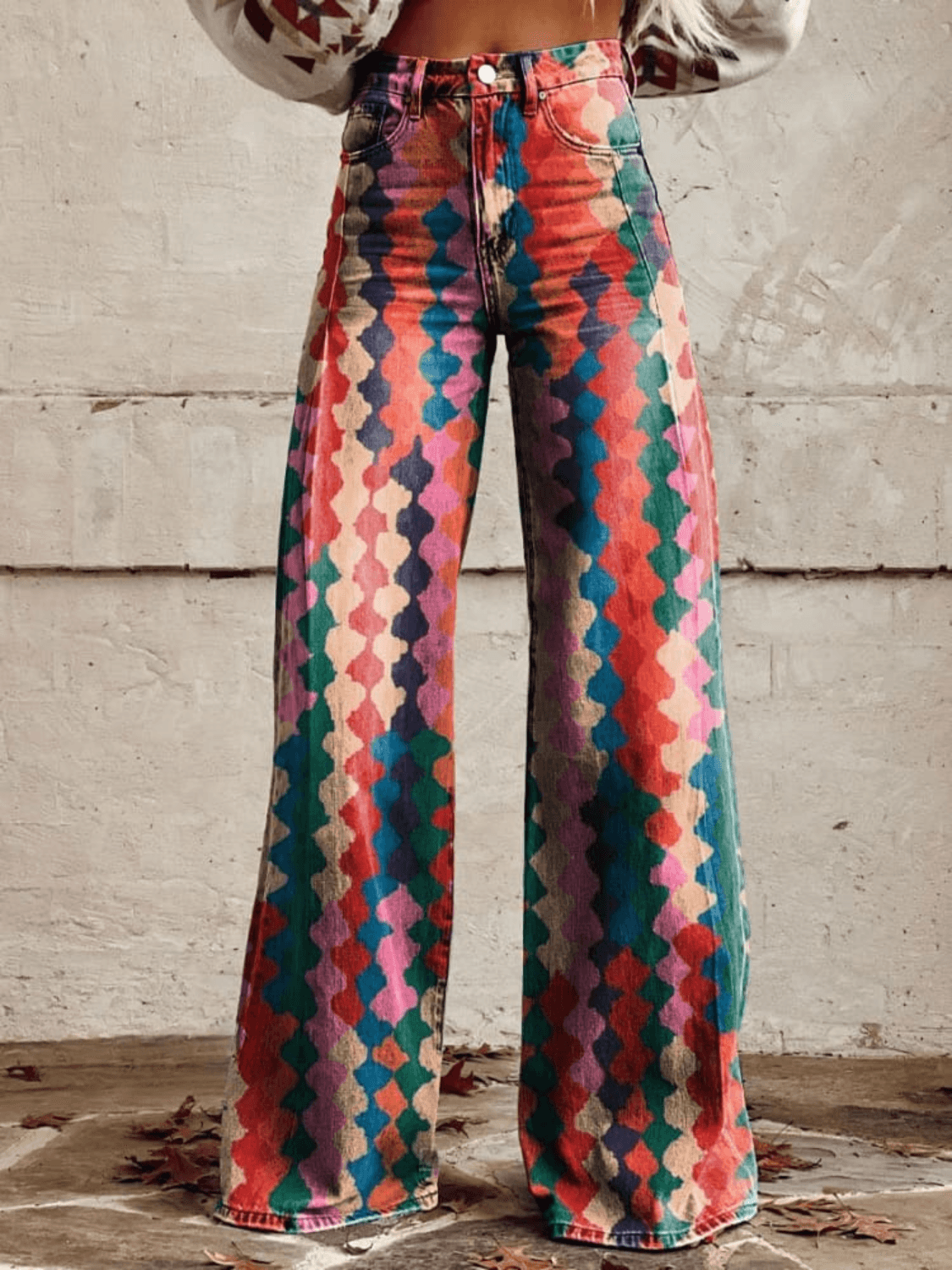 NOUVEAU RICHE Retro Chic Damenhose Mit Weitem Bein Geometrisches Muster In Kräftigen Farben Für Lässige Eleganz Rot