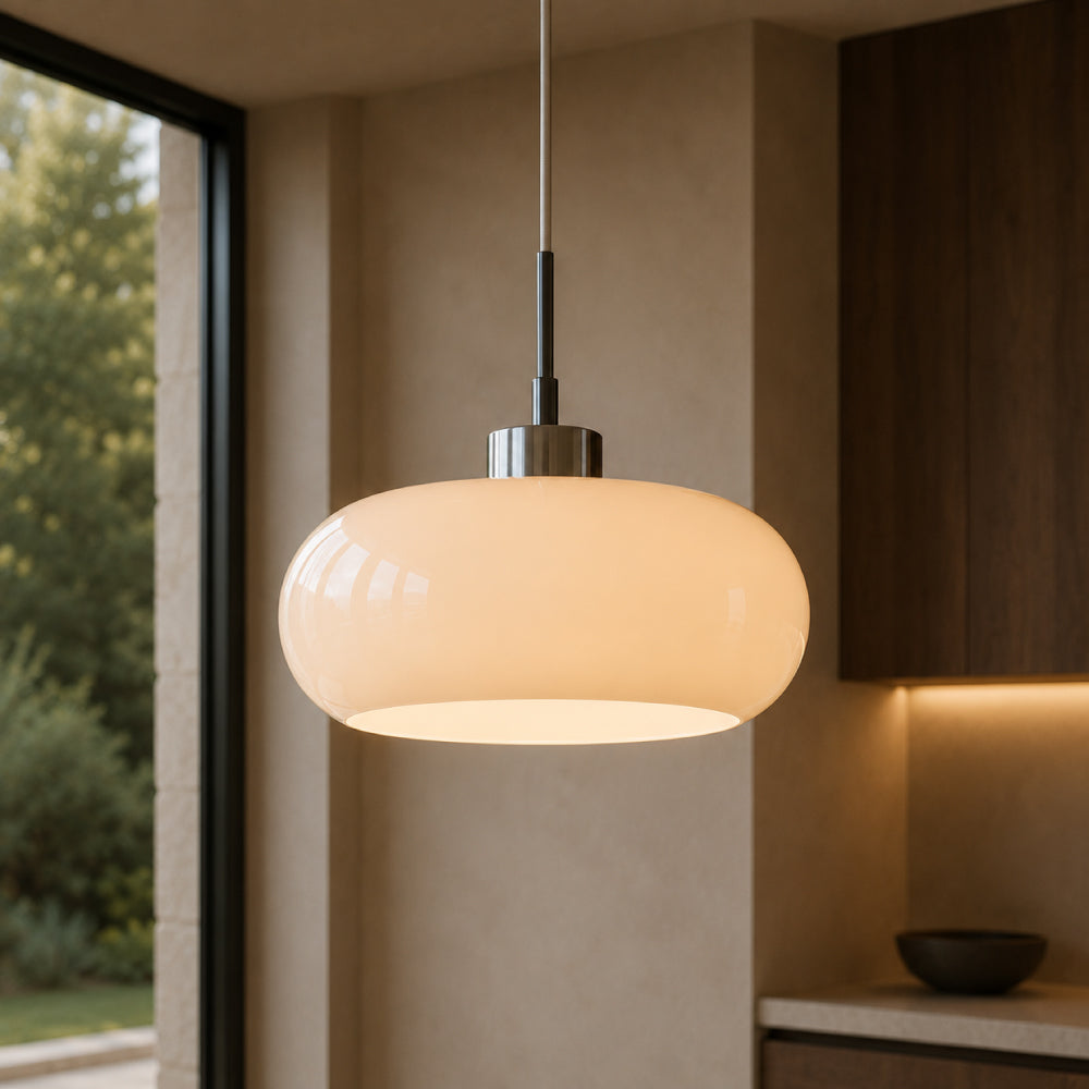 NOUVEAU RICHE Retro-Pendelleuchte – Hängelampe aus Farbigem Glas für den Esstisch & Kücheninsel, Weiss oder Orange Weiß