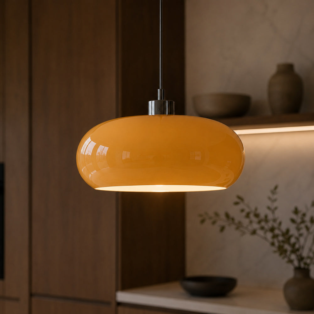 NOUVEAU RICHE Retro-Pendelleuchte – Hängelampe aus Farbigem Glas für den Esstisch & Kücheninsel, Weiss oder Orange Orange