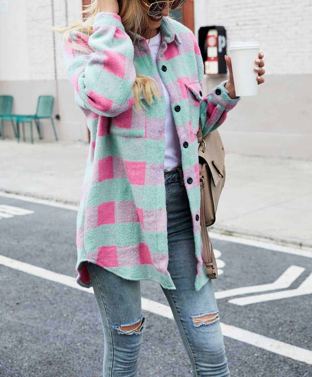 NOUVEAU RICHE Reverskariertes Plüschhemdjacke Langarm Freizeitoutfit