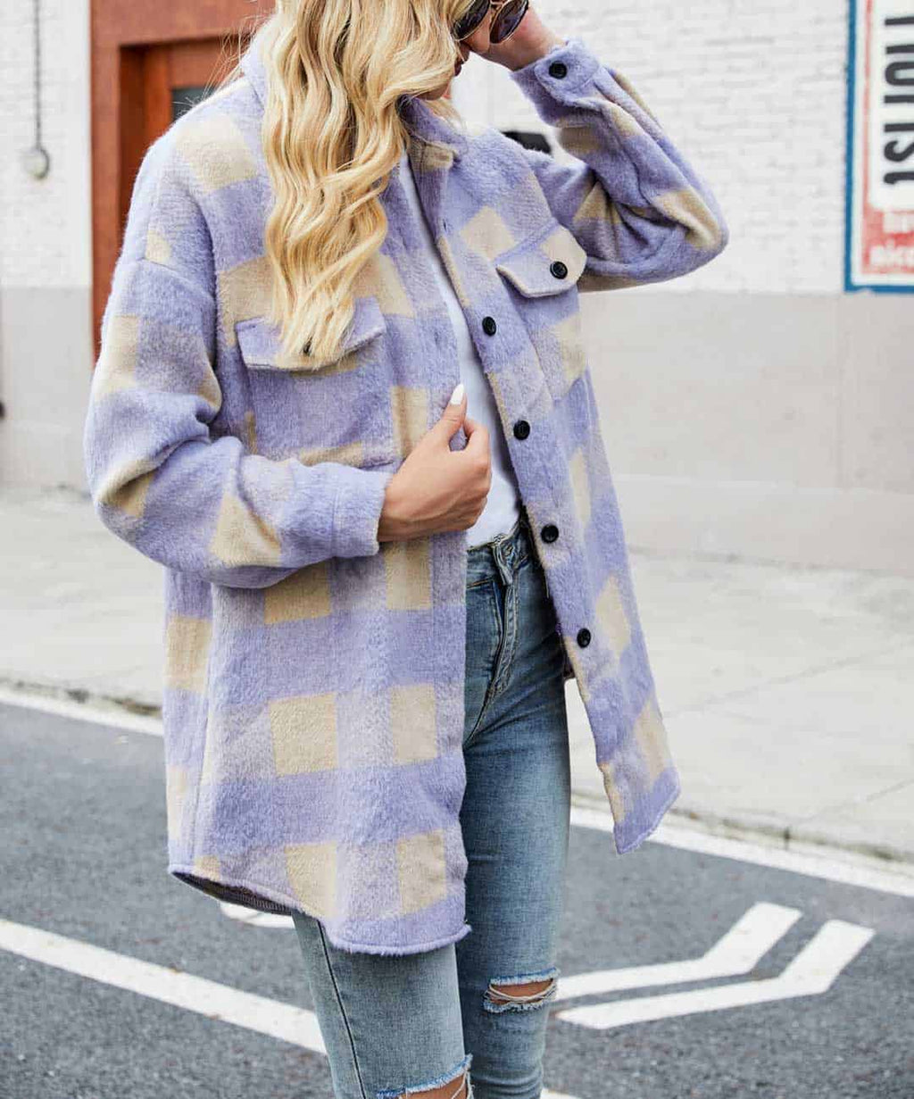 NOUVEAU RICHE Reverskariertes Plüschhemdjacke Langarm Freizeitoutfit Lila