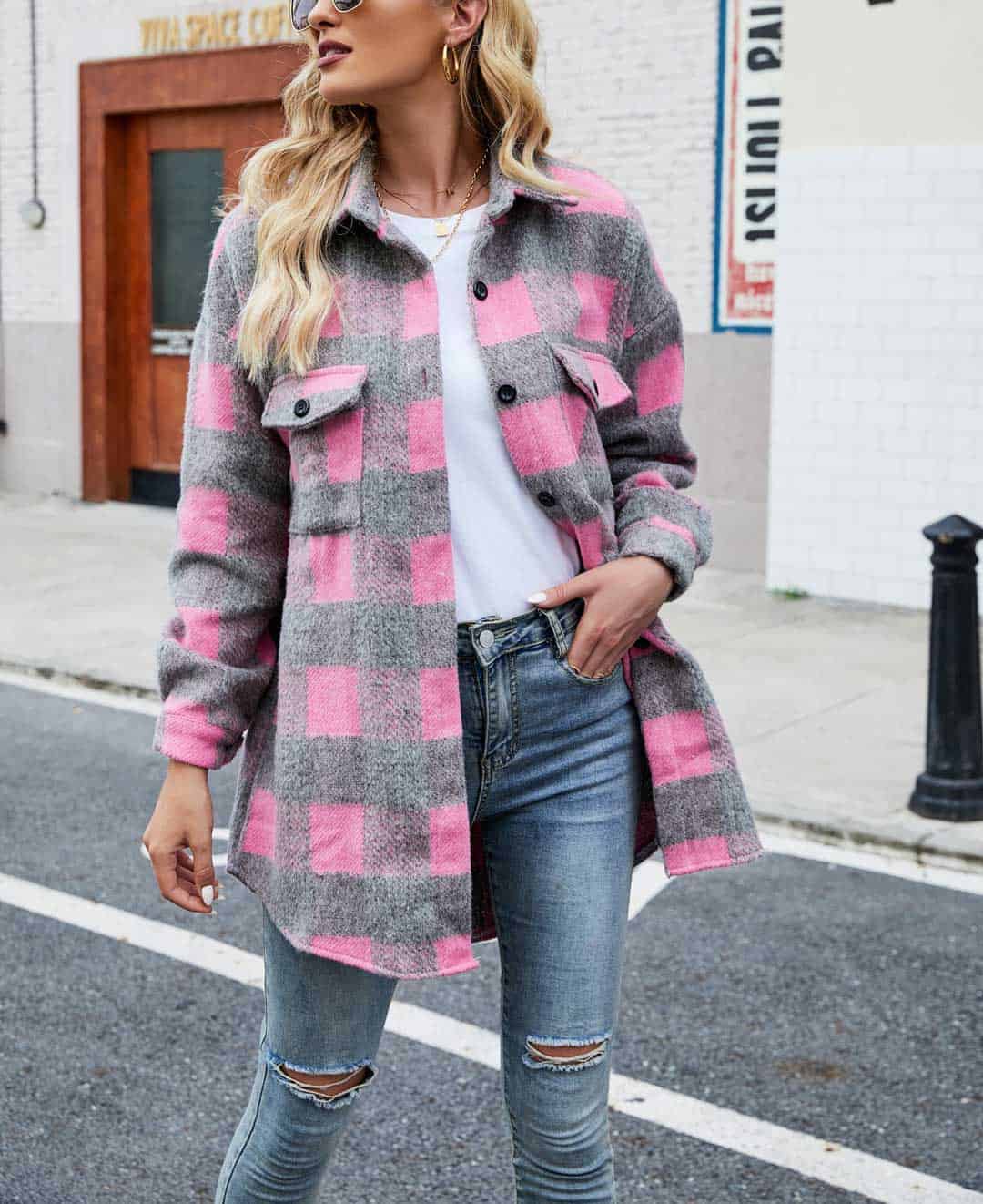 NOUVEAU RICHE Reverskariertes Plüschhemdjacke Langarm Freizeitoutfit Rosa