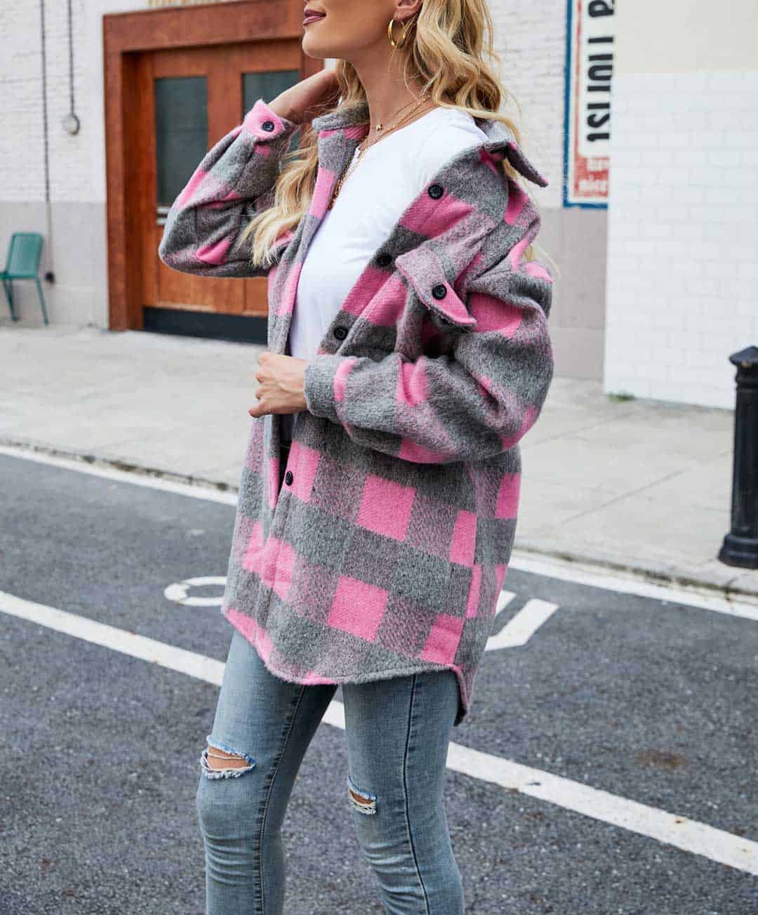 NOUVEAU RICHE Reverskariertes Plüschhemdjacke Langarm Freizeitoutfit