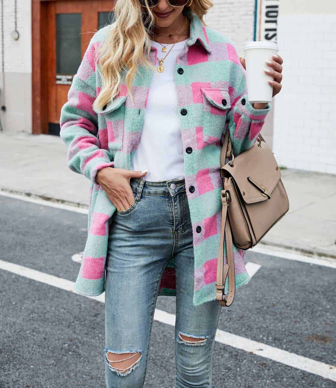 NOUVEAU RICHE Reverskariertes Plüschhemdjacke Langarm Freizeitoutfit