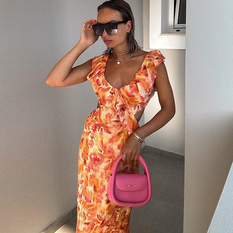 NOUVEAU RICHE Maxikleid Mit Blumenmuster Und Rüschen Für Damen Elegantes Sommerkleid Ideal Für Festliche Anlässe Und Freizeitaktivitäten