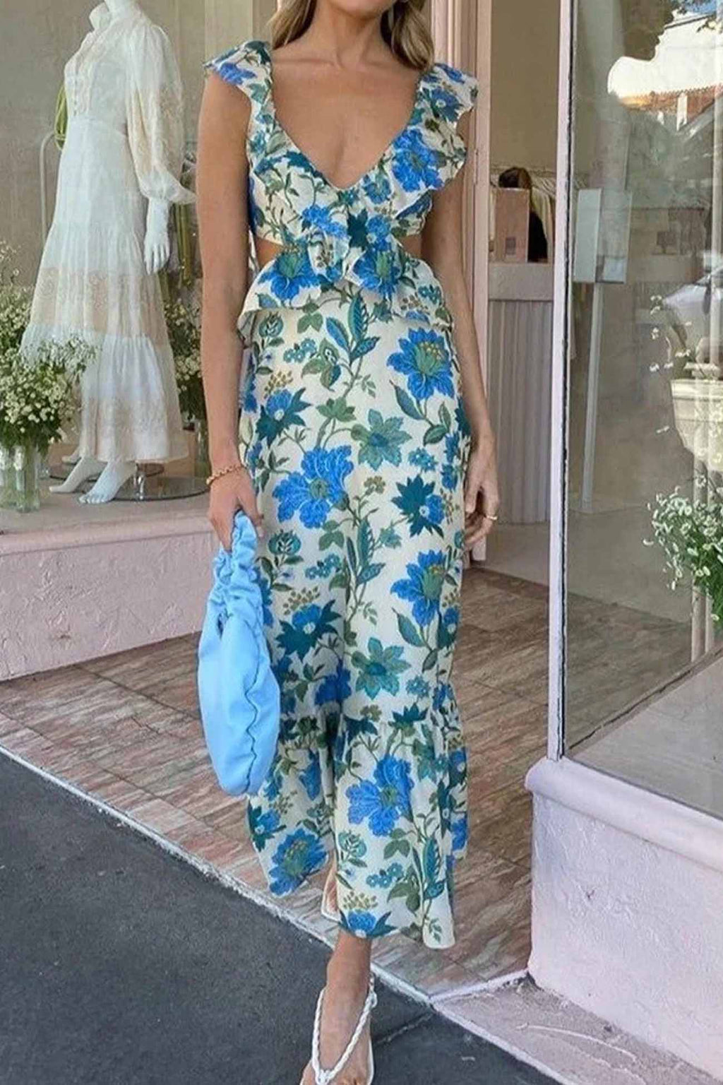 NOUVEAU RICHE Maxikleid Mit Blumenmuster Und Rüschen Für Damen Elegantes Sommerkleid Ideal Für Festliche Anlässe Und Freizeitaktivitäten Blau