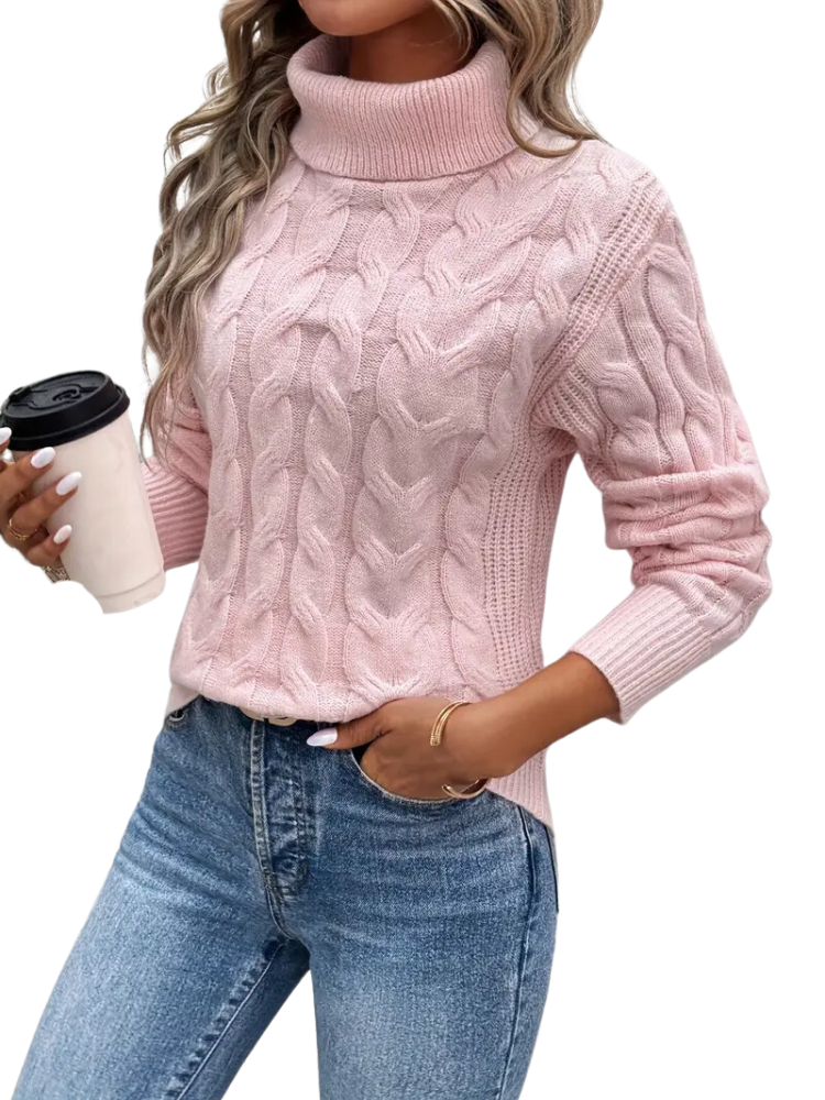 NOUVEAU RICHE Damen Rollkragenpullover mit Zopfmuster Reguläre Passform Rosa