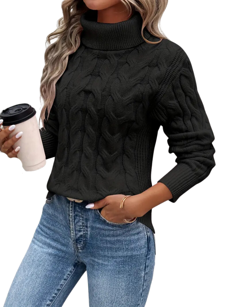 NOUVEAU RICHE Damen Rollkragenpullover mit Zopfmuster Reguläre Passform Schwarz
