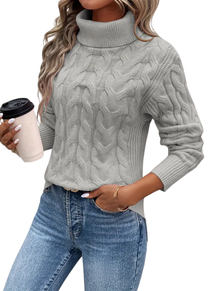 NOUVEAU RICHE Damen Rollkragenpullover mit Zopfmuster Reguläre Passform Grau