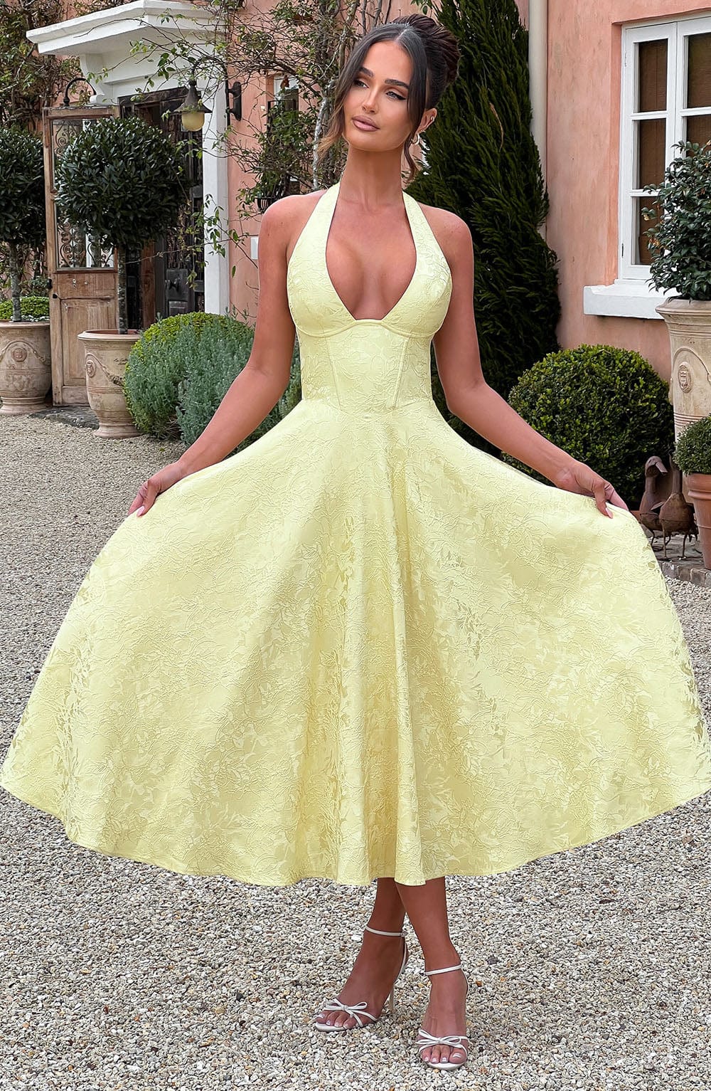 NOUVEAU RICHE Romantisches Retro Midi Kleid Halter Ausschnitt Struktur