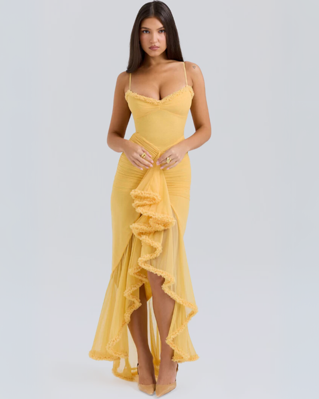 NOUVEAU RICHE Romantisches Rüschendress Mit Drapierter Silhouette Gelb