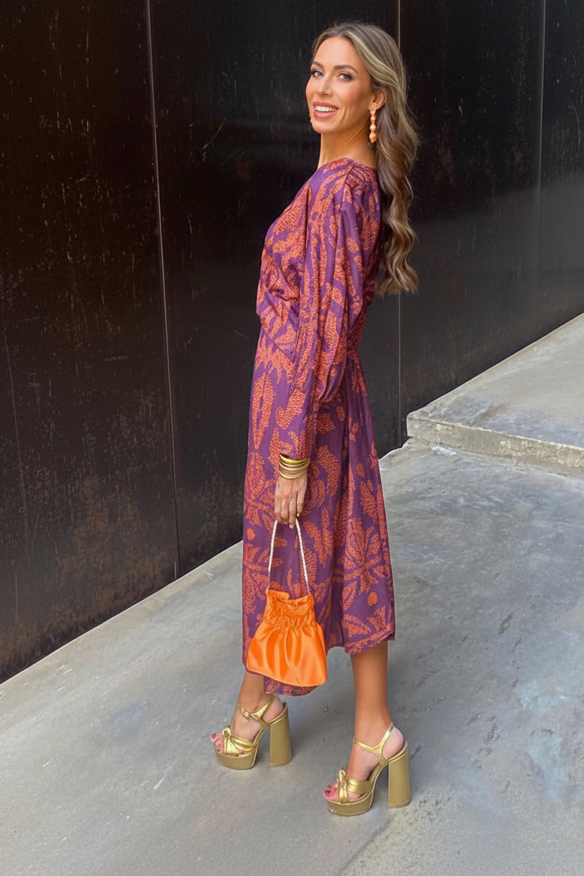 NOUVEAU RICHE Zahara | Langarm V-Ausschnitt Boho Sommerkleid für Damen | Maxi Lila