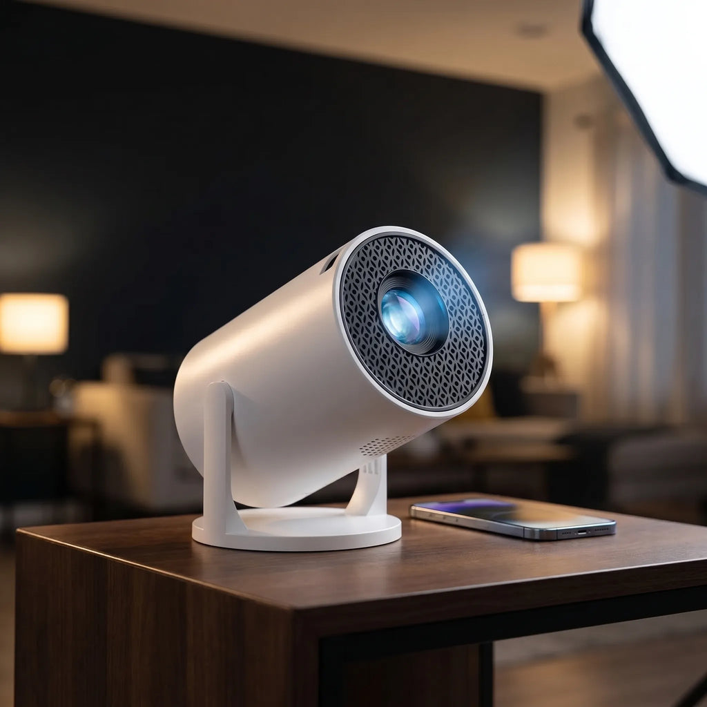 NOUVEAU RICHE Drehbarer Smart-Projektor mit Android 11 – Mini-Beamer 180° schwenkbar für Wand & Decke, Wi-Fi 6, Bluetooth 5.0, HDMI