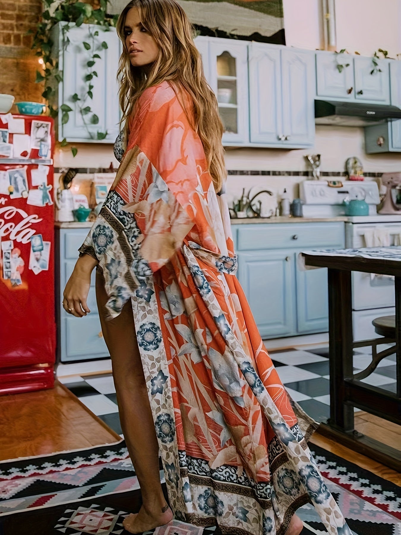 NOUVEAU RICHE Roter Blumenkimono Mit Fledermausärmeln Für Damen Luxuriös Rot Orange Einheitsgröße