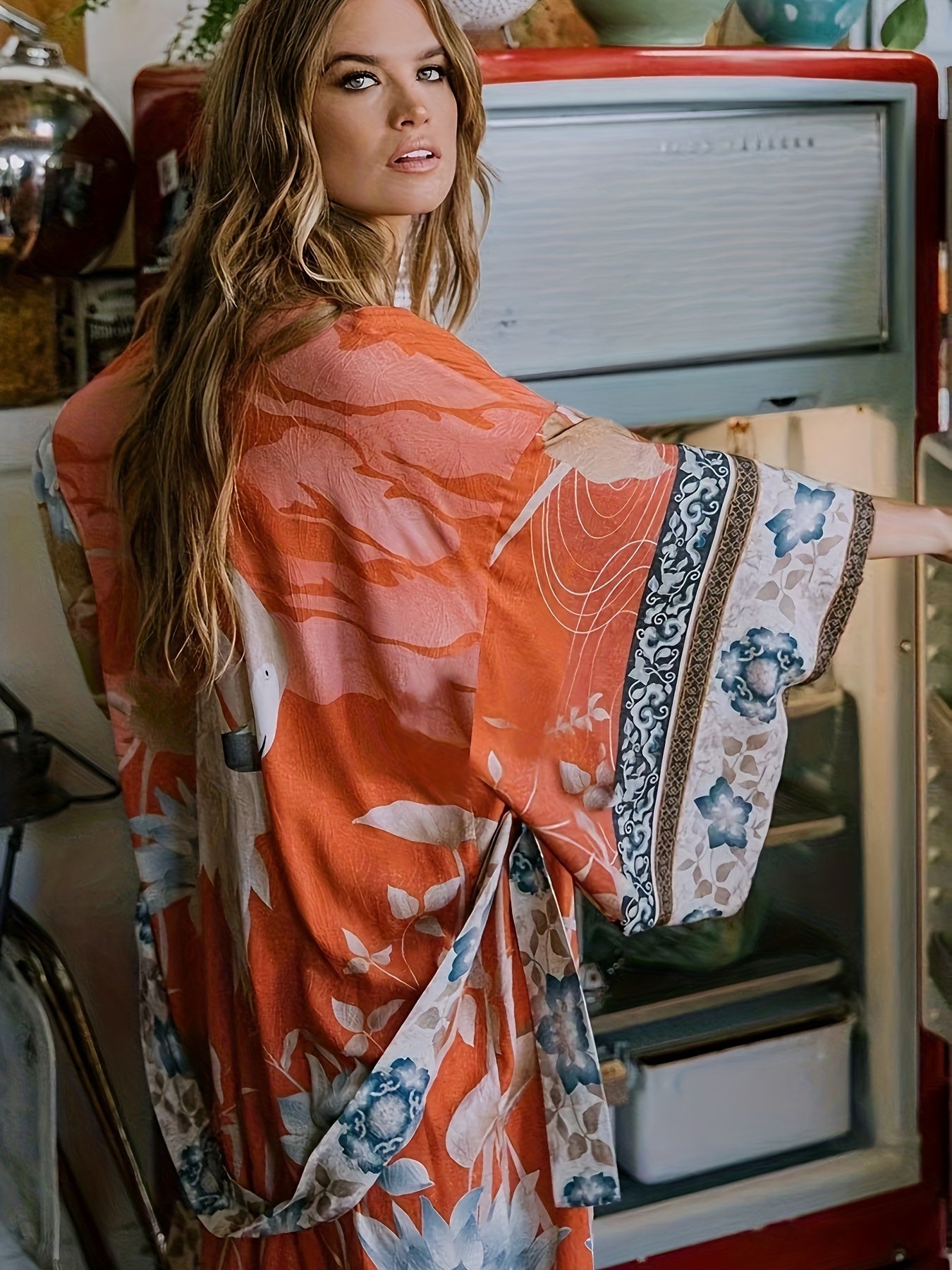 NOUVEAU RICHE Roter Blumenkimono Mit Fledermausärmeln Für Damen Luxuriös