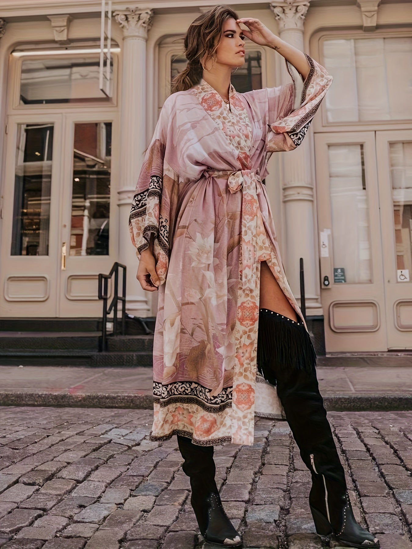 NOUVEAU RICHE Roter Blumenkimono Mit Fledermausärmeln Für Damen Luxuriös Rosa Einheitsgröße