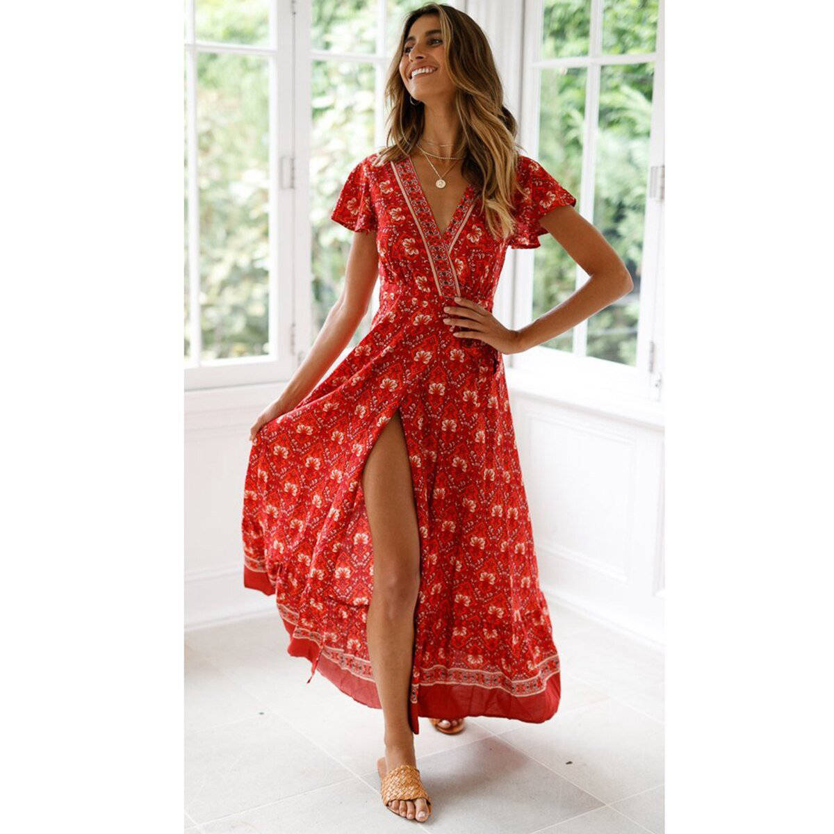 NOUVEAU RICHE Rotes Wickelkleid Boho Stil Mit Schlitz Sommer Kleid