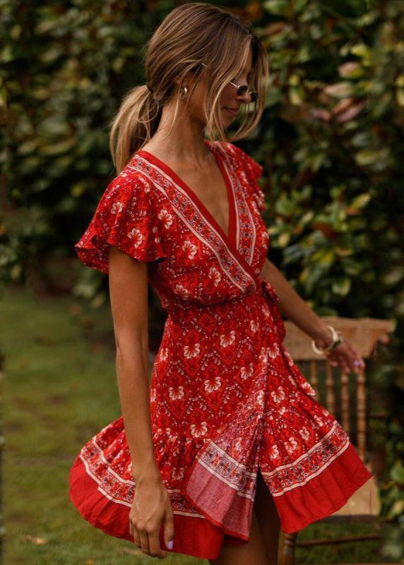 NOUVEAU RICHE Rotes Wickelkleid Boho Stil Sommerkleid Mit Hippie Flair L