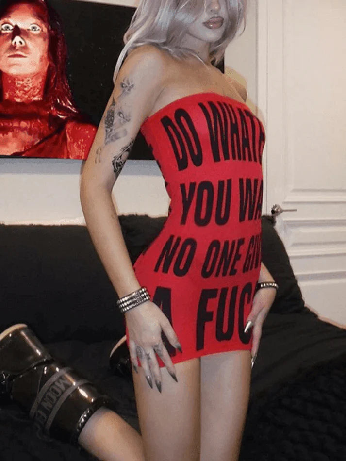 NOUVEAU RICHE Rotes Y2K Bandeau Minikleid Buchstabendruck Für Streetstyle L