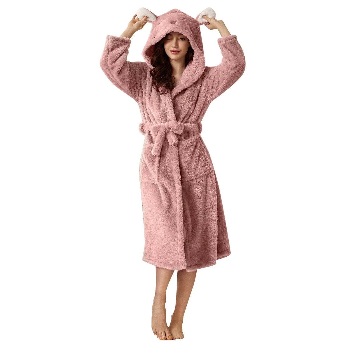NOUVEAU RICHE Süsser Bademantel mit Tierkapuze – Weicher Plüsch Morgenmantel mit Hasen- oder Fuchskapuze, lang & warm, S–XXL – Zahara