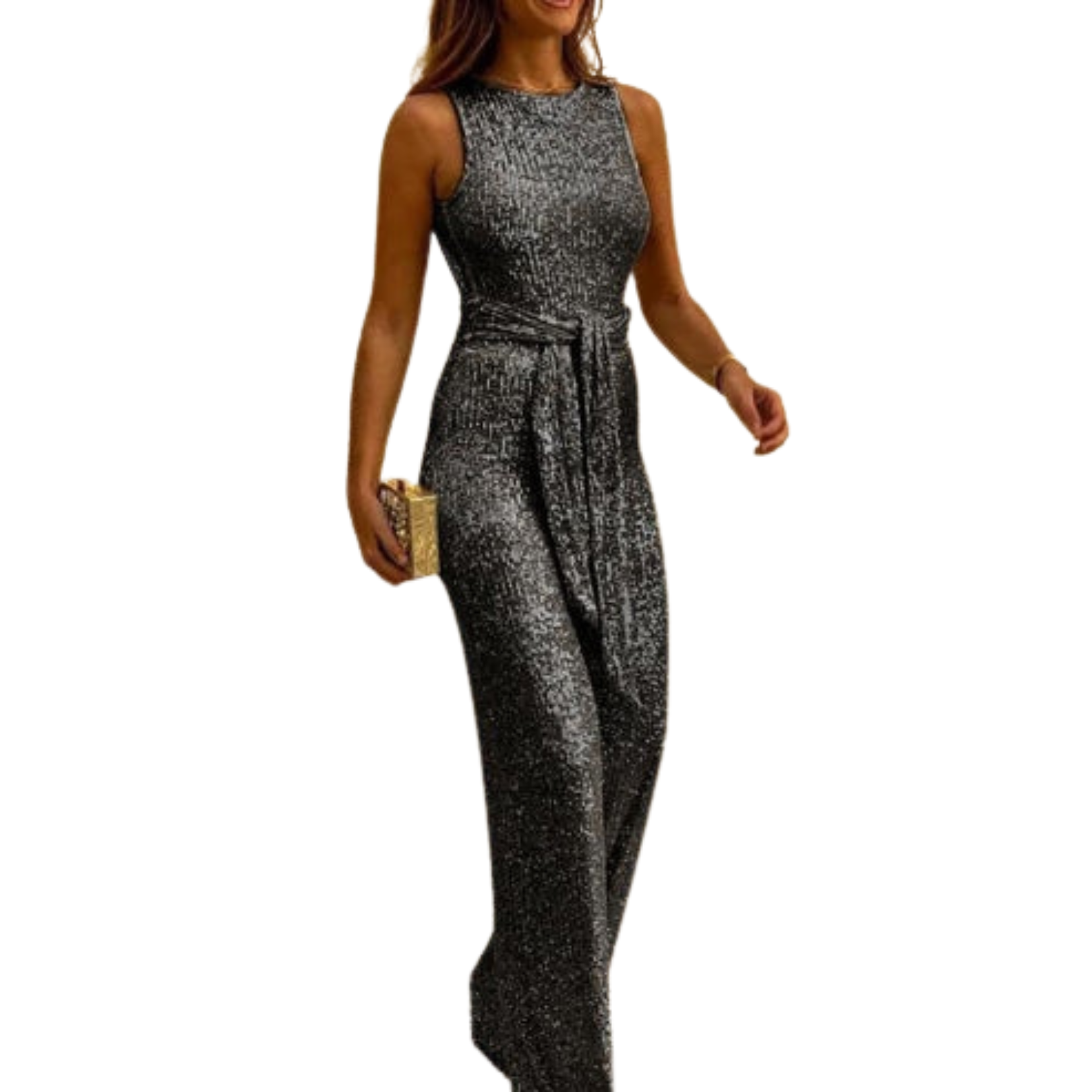 NOUVEAU RICHE Damen Rückenfreier Glitzer-Jumpsuit Mit Taillenbund Schwarz