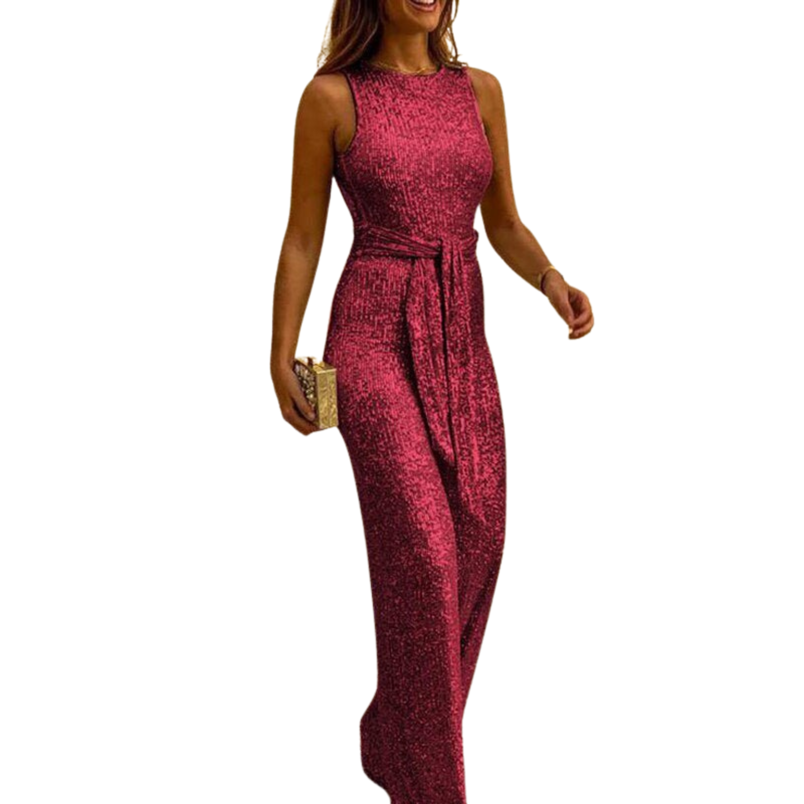 NOUVEAU RICHE Damen Rückenfreier Glitzer-Jumpsuit Mit Taillenbund Rot