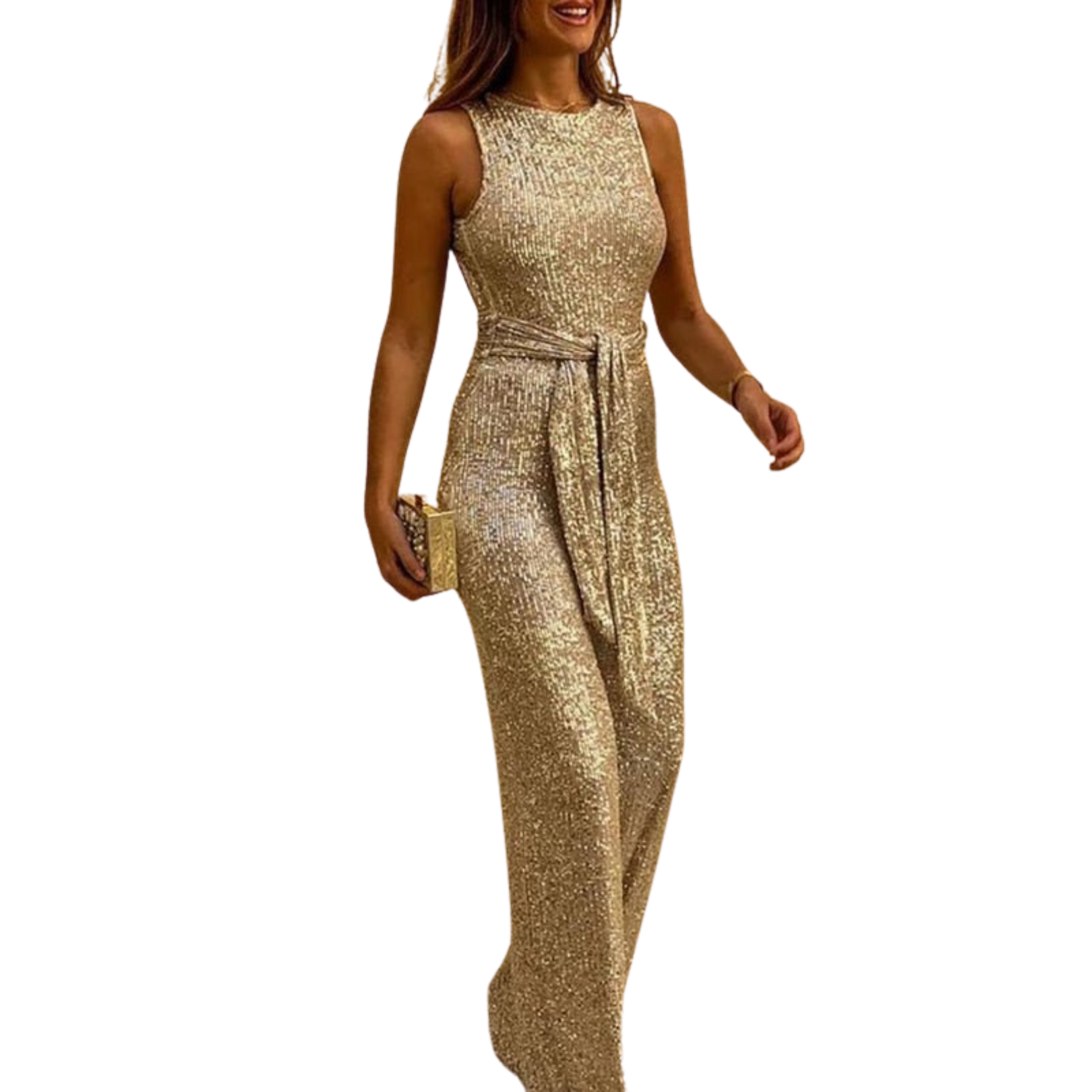 NOUVEAU RICHE Damen Rückenfreier Glitzer-Jumpsuit Mit Taillenbund Gold