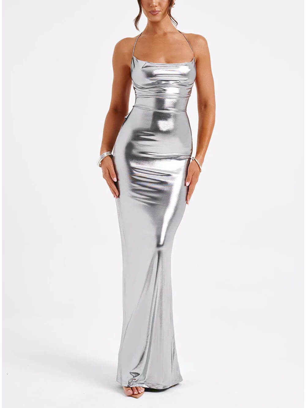 NOUVEAU RICHE Rückenfreies Maxikleid Mit Swing-Kragen Und Glänzendem Metallic-Muster Für Glamouröse Anlässe Silber