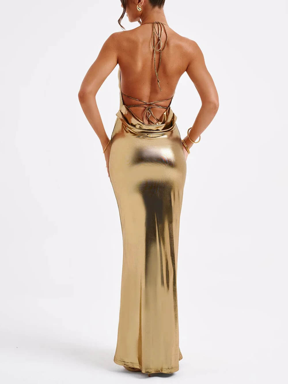 NOUVEAU RICHE Rückenfreies Maxikleid Mit Swing-Kragen Und Glänzendem Metallic-Muster Für Glamouröse Anlässe
