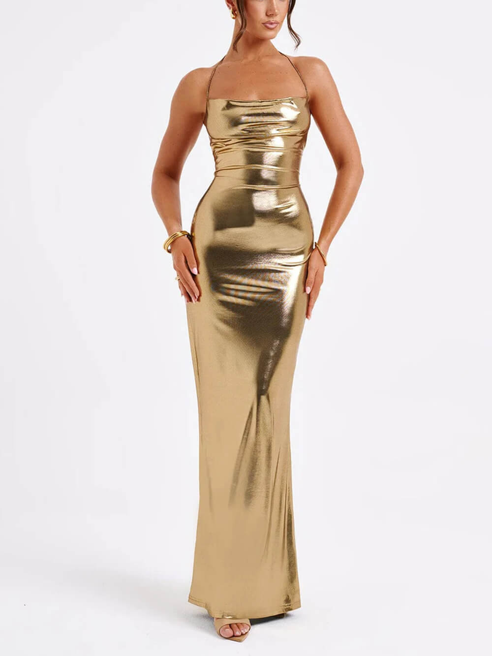 NOUVEAU RICHE Rückenfreies Maxikleid Mit Swing-Kragen Und Glänzendem Metallic-Muster Für Glamouröse Anlässe Gold