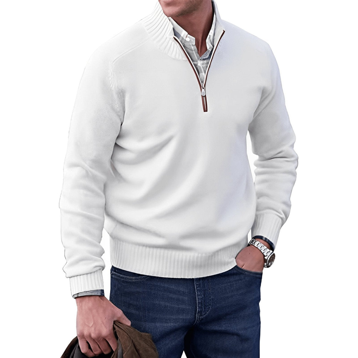 NOUVEAU RICHE Hommes | Klassischer Strickpullover mit Halbem Reißverschluss Weiß