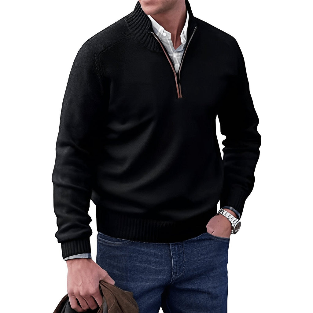 NOUVEAU RICHE Hommes | Klassischer Strickpullover mit Halbem Reißverschluss Schwarz