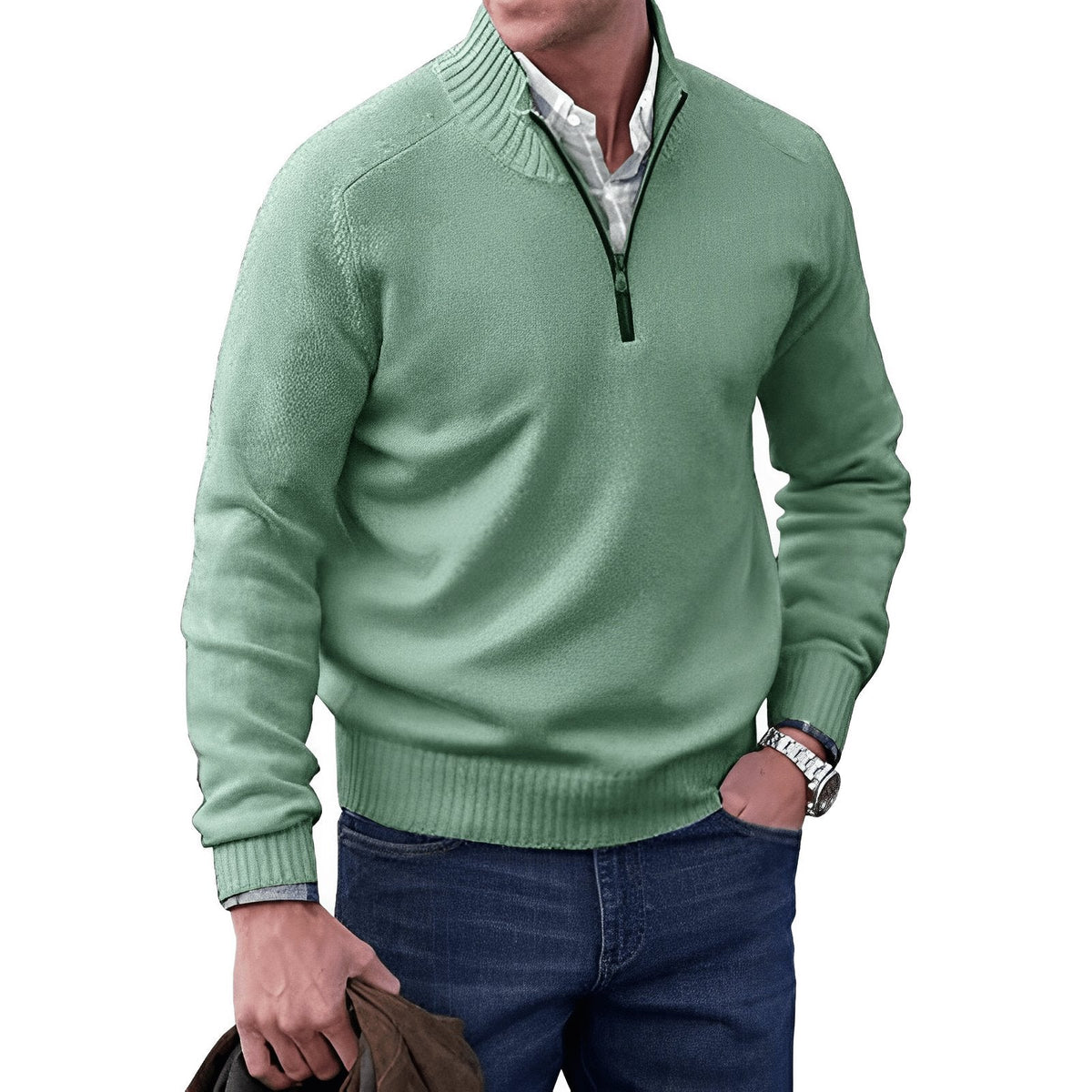 NOUVEAU RICHE Hommes | Klassischer Strickpullover mit Halbem Reißverschluss Grün