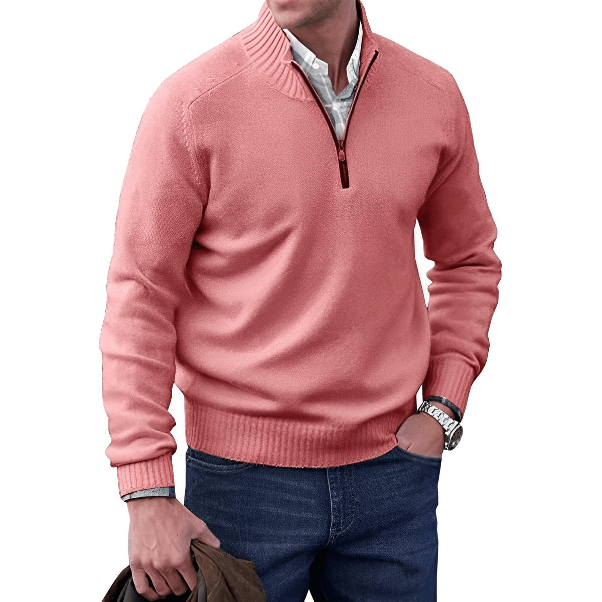 NOUVEAU RICHE Hommes | Klassischer Strickpullover mit Halbem Reißverschluss Rosa