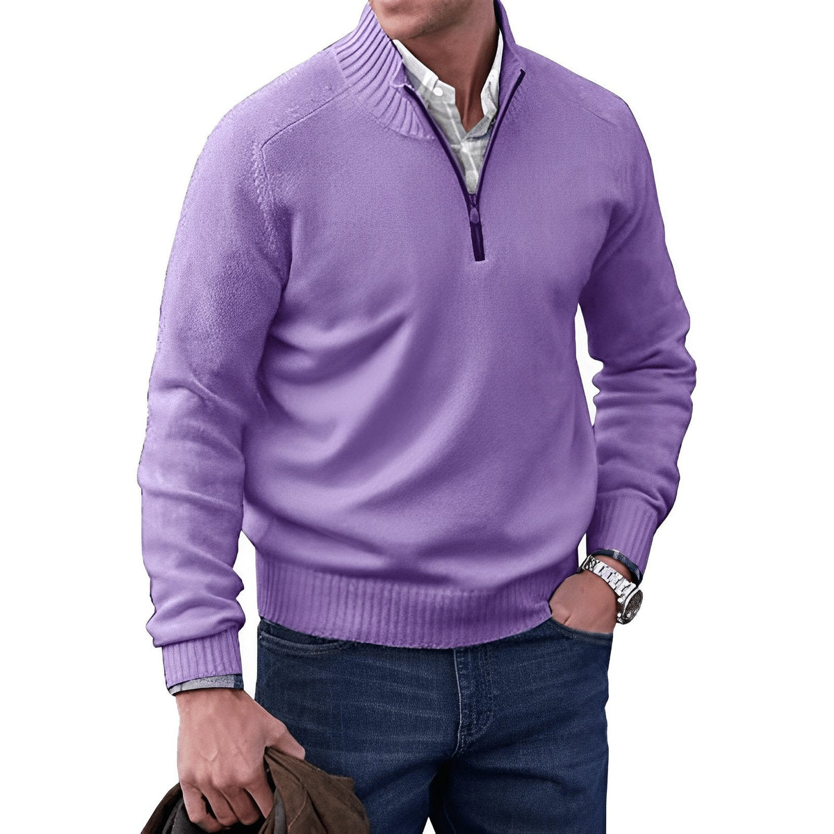 NOUVEAU RICHE Hommes | Klassischer Strickpullover mit Halbem Reißverschluss Lila