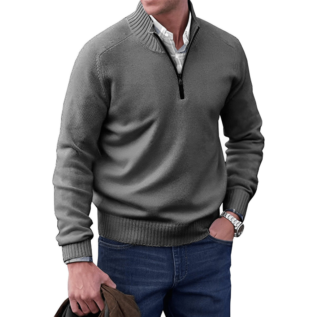 NOUVEAU RICHE Hommes | Klassischer Strickpullover mit Halbem Reißverschluss Dunkelgrau