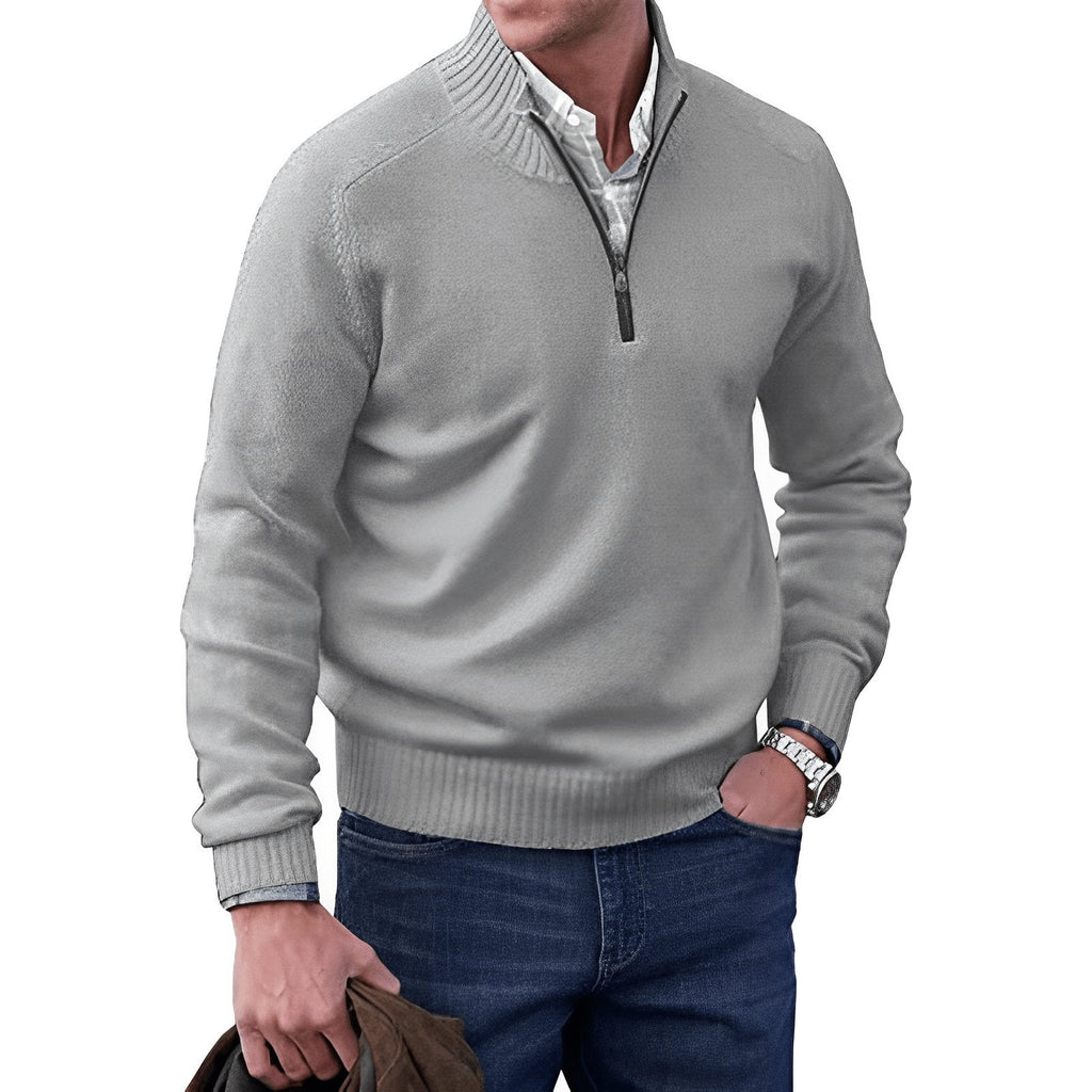 NOUVEAU RICHE Hommes | Klassischer Strickpullover mit Halbem Reißverschluss Hellgrau