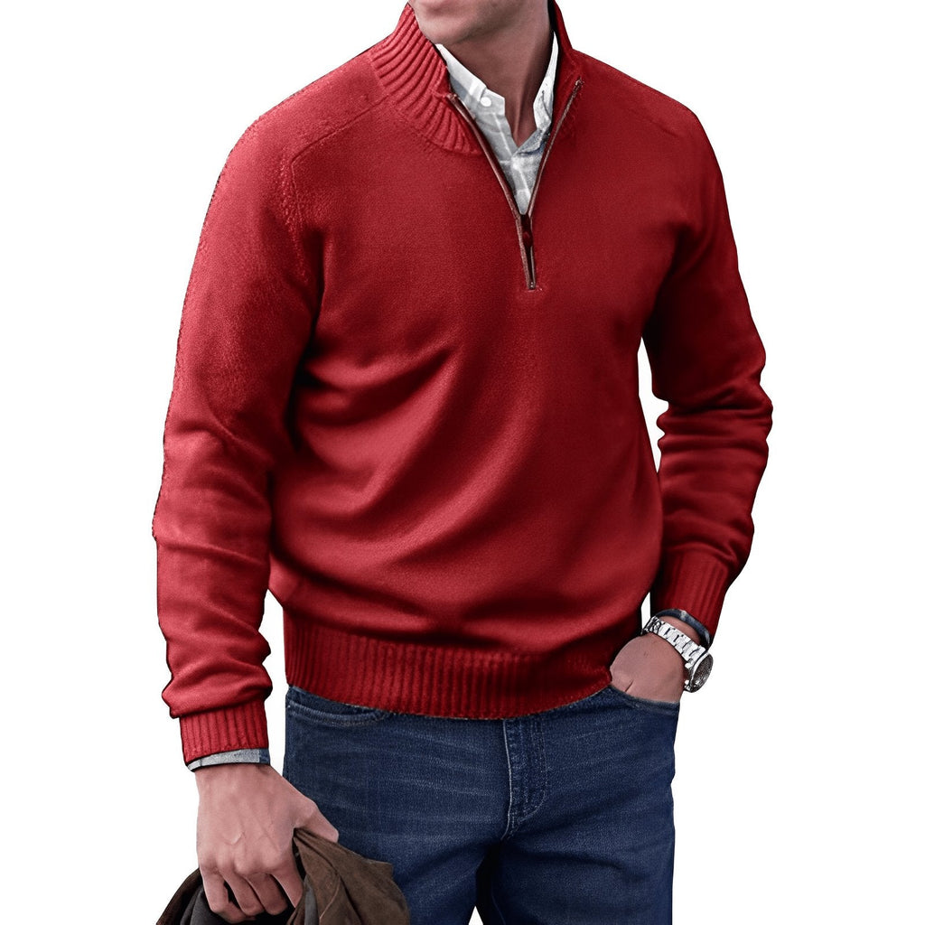 NOUVEAU RICHE Hommes | Klassischer Strickpullover mit Halbem Reißverschluss Rot
