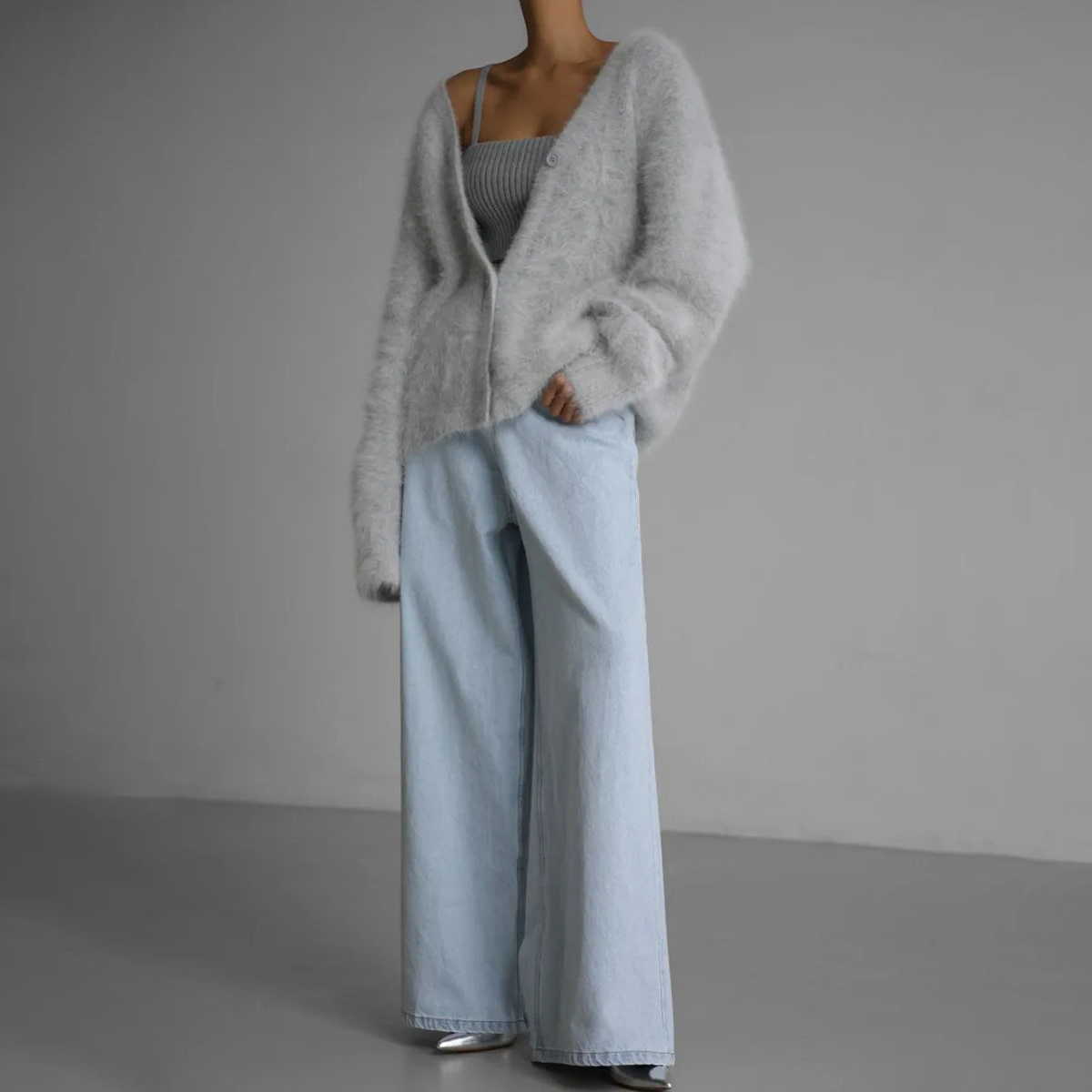 NOUVEAU RICHE Strickcardigan Oversize Flauschig Mohairoptik Damen Beige