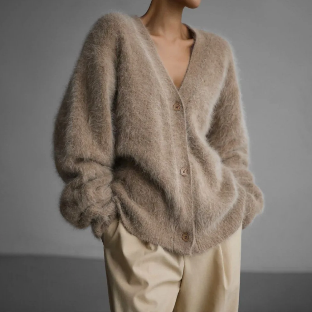 NOUVEAU RICHE Strickcardigan Oversize Flauschig Mohairoptik Damen Beige Wüstenbeige