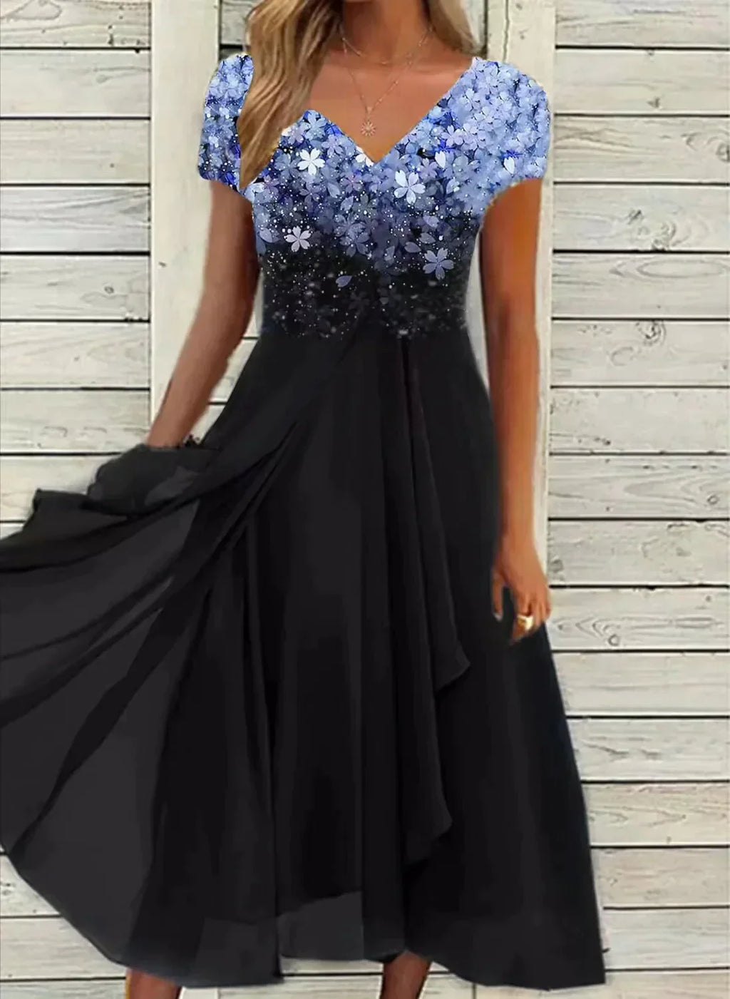 NOUVEAU RICHE Damenkleid Sommer Florales Muster Bequeme Passform Elegant Blau Schwarz