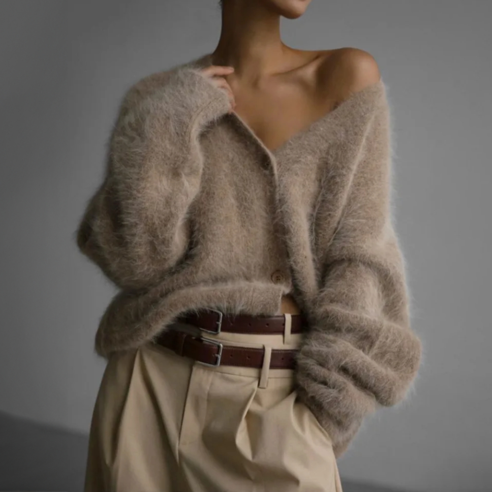 NOUVEAU RICHE Strickcardigan Oversize Flauschig Mohairoptik Damen Beige