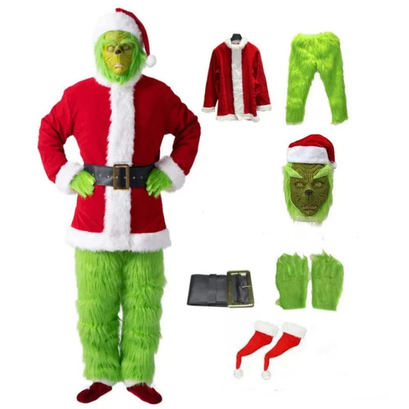 NOUVEAU RICHE Grünes Weihnachtskostüm Erwachsene – Komplettes Kostüm mit Maske, Mütze & Handschuhen für Weihnachtsfeier & Theater, S-3XL