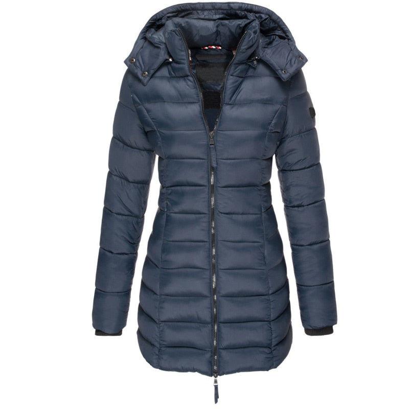 NOUVEAU RICHE Damen Parka Mantel Lange Winterjacke Kapuze Daunenfüllung - Winterjacke - Wintermäntel Damen Marine