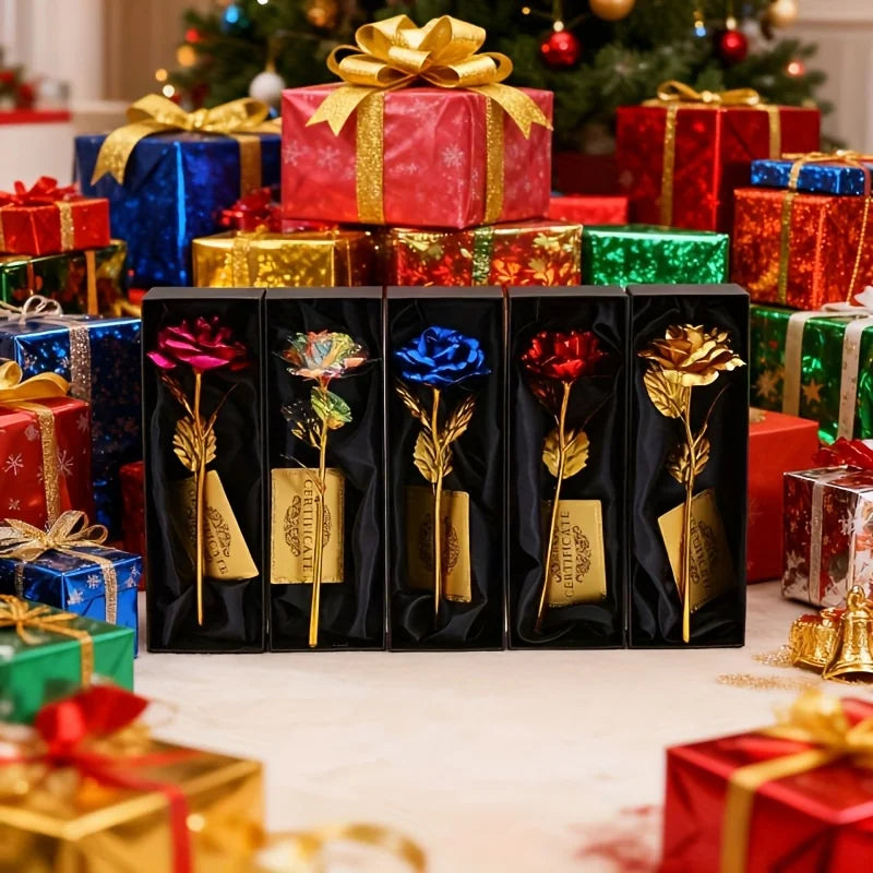 NOUVEAU RICHE Vergoldete Ewige Rose mit Geschenkbox & Grußkarte – Künstliche Ewige Rose als Deko-Geschenk zum Valentinstag, Muttertag & Jahrestag