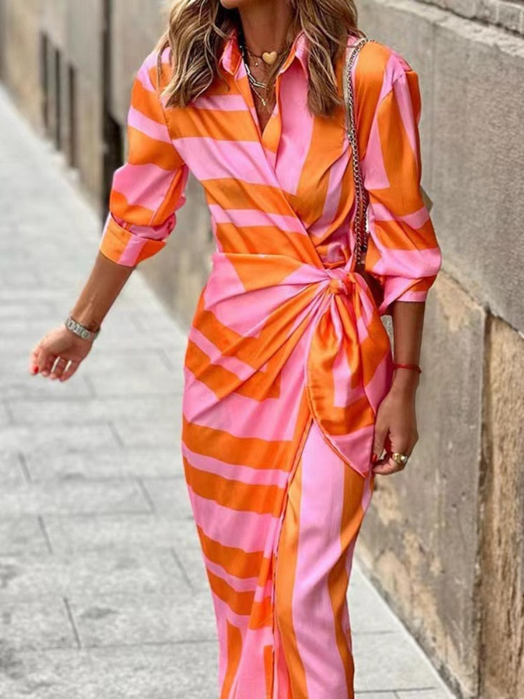 NOUVEAU RICHE Damen Wickelkleid Midi 3/4-Ärmeln Sommer Vielseitige Anlässe Orange & Rosa